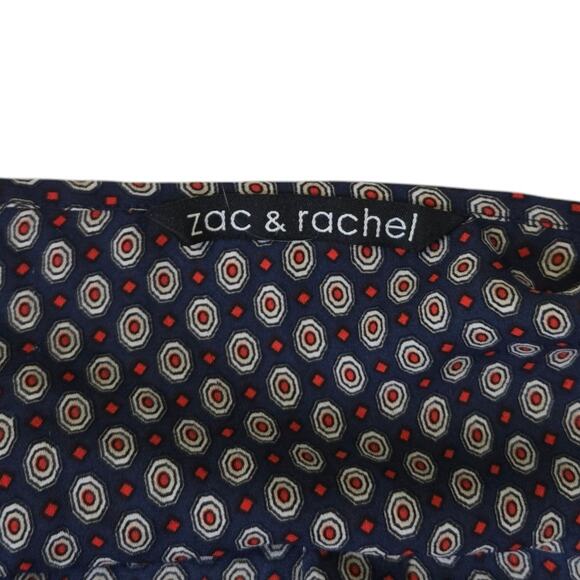 Zac & Rachel Womens Blouse Small Navy Geometric Print V Neck Roll Tab Sleeve Top - Picture 11 of 11